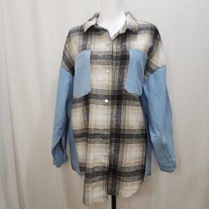 GLAM Blue Denim Flannel Taupe Plaid Patchwork Button Down Shacket, Medium
